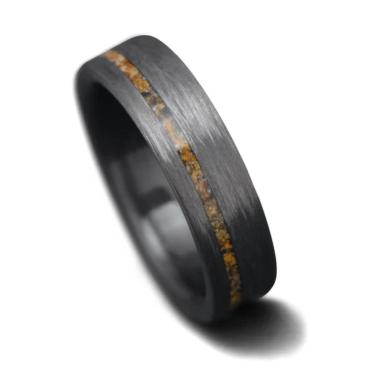 Unidirectional wedding band featuring tigers eye and central inlay, 6mm mens matte flat profile ring, unique custom design, free engraving, displayed on a white background.