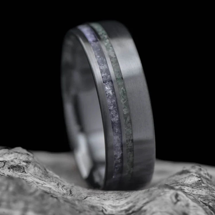 Black Titanium Wedding Band with Amethyst and Moss Agate Inlays on White Sea Branch, 7mm Mens Unique Custom Design, Free Engraving