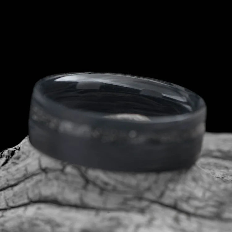 Cross-Cut Wave Ring with Meteorite and Central Inlay, 7mm Mens Wedding Band, Matte Finish, Unique Design, Free Engraving Available, Mens Ring on White Background