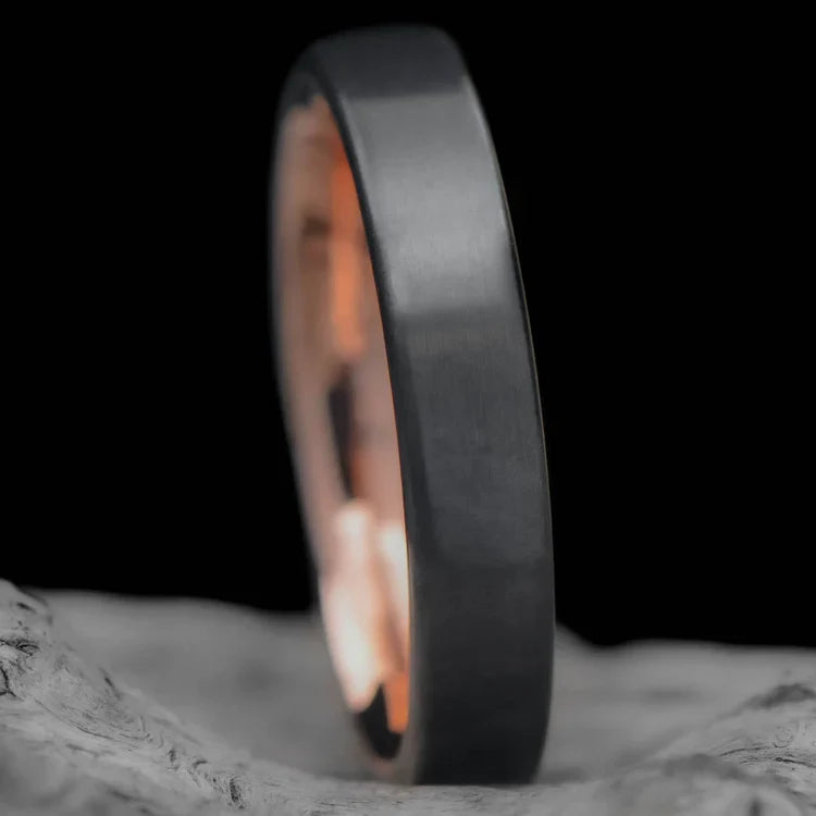 Black Titanium Wedding Band with 14K Rose Gold Inner Sleeve, 4mm Custom Simple Ring on White Sea Branch, Unique Wedding Band with Free Engraving
