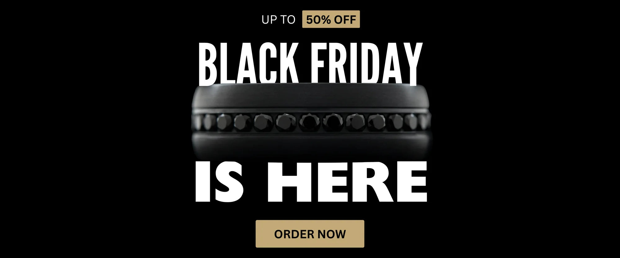 Black Friday ring sale banner showing a black custom wedding band with gemstone inlay and text reading “Up to 50% Off – Black Friday Is Here.”