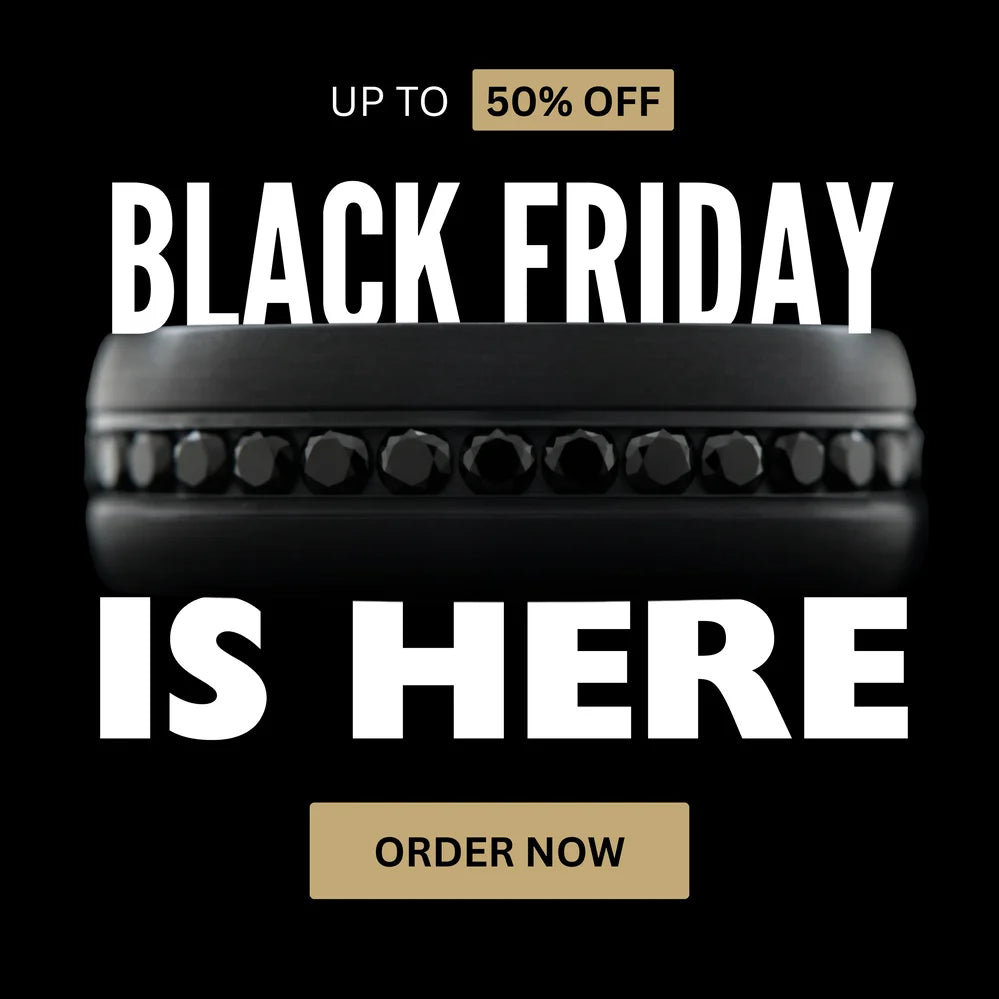 Black Friday ring sale banner showing a black custom wedding band with gemstone inlay and text reading “Up to 50% Off – Black Friday Is Here.”