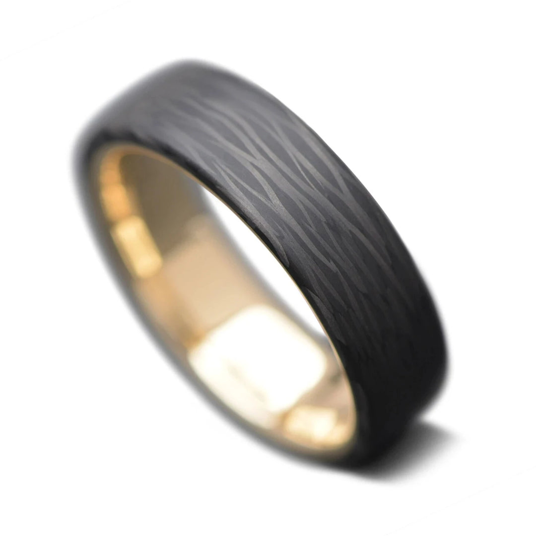 Carbon Fiber Wave ring with 14K Yellow Gold Sleeve Men's Wedding