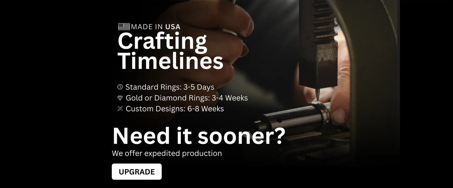 Handcrafting a custom wedding ring on a lathe in the Sesto Synergy workshop, showing Made in USA crafting timelines for standard, gold, and custom rings.