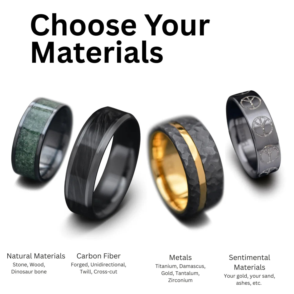 Four custom wedding bands displaying stone inlay, forged carbon fiber, hammered gold-lined titanium, and sentimental material options—showcasing premium choices for bespoke rings.