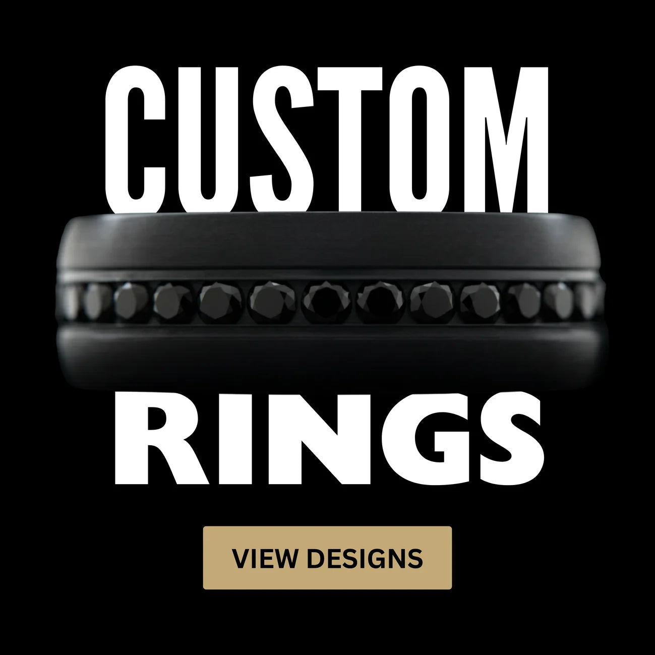Black custom wedding ring with gemstone inlay shown on a dark background.