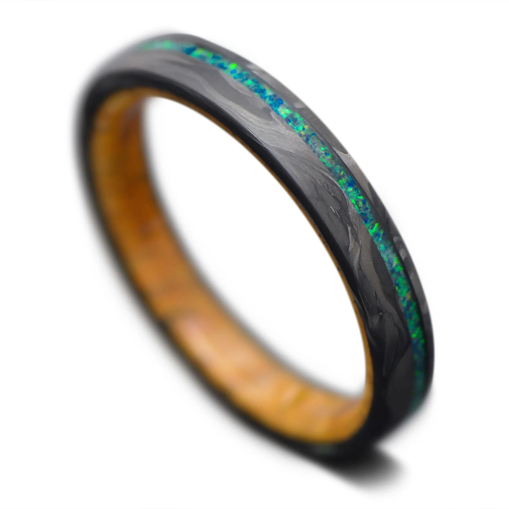 Carbon Forged ring with emerald opal inlay and spalted tamarind wood inner sleeve, 4mm - THE HORIZON
