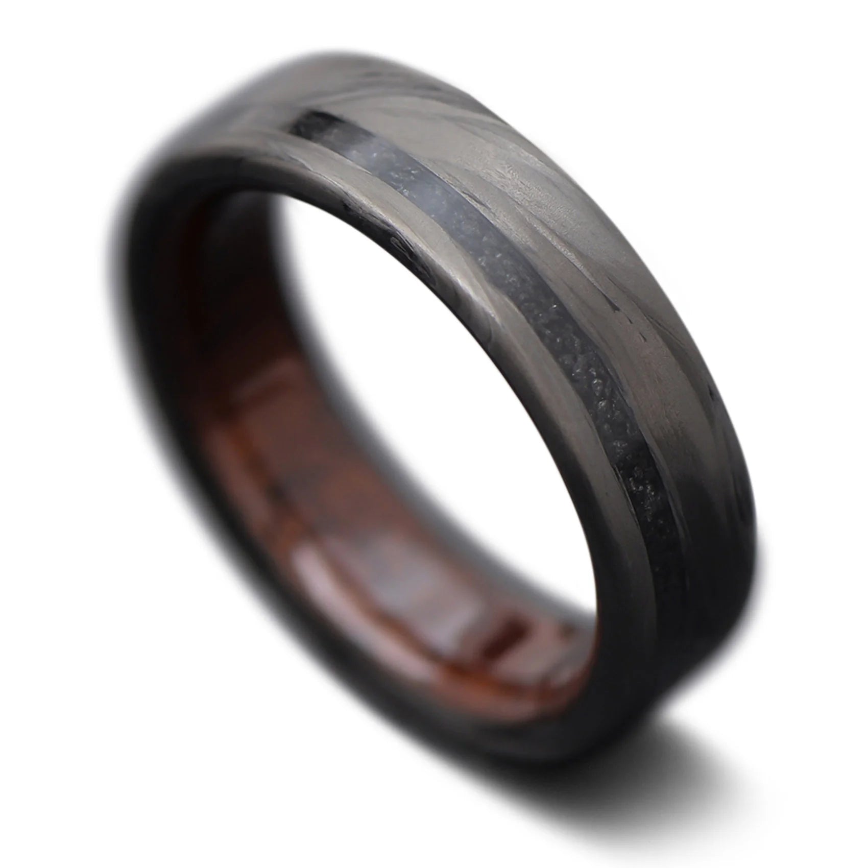 Carbon fiber wedding ring with black Onyx inlay and Walnut inner sleeve, 6mm -THE HORIZON