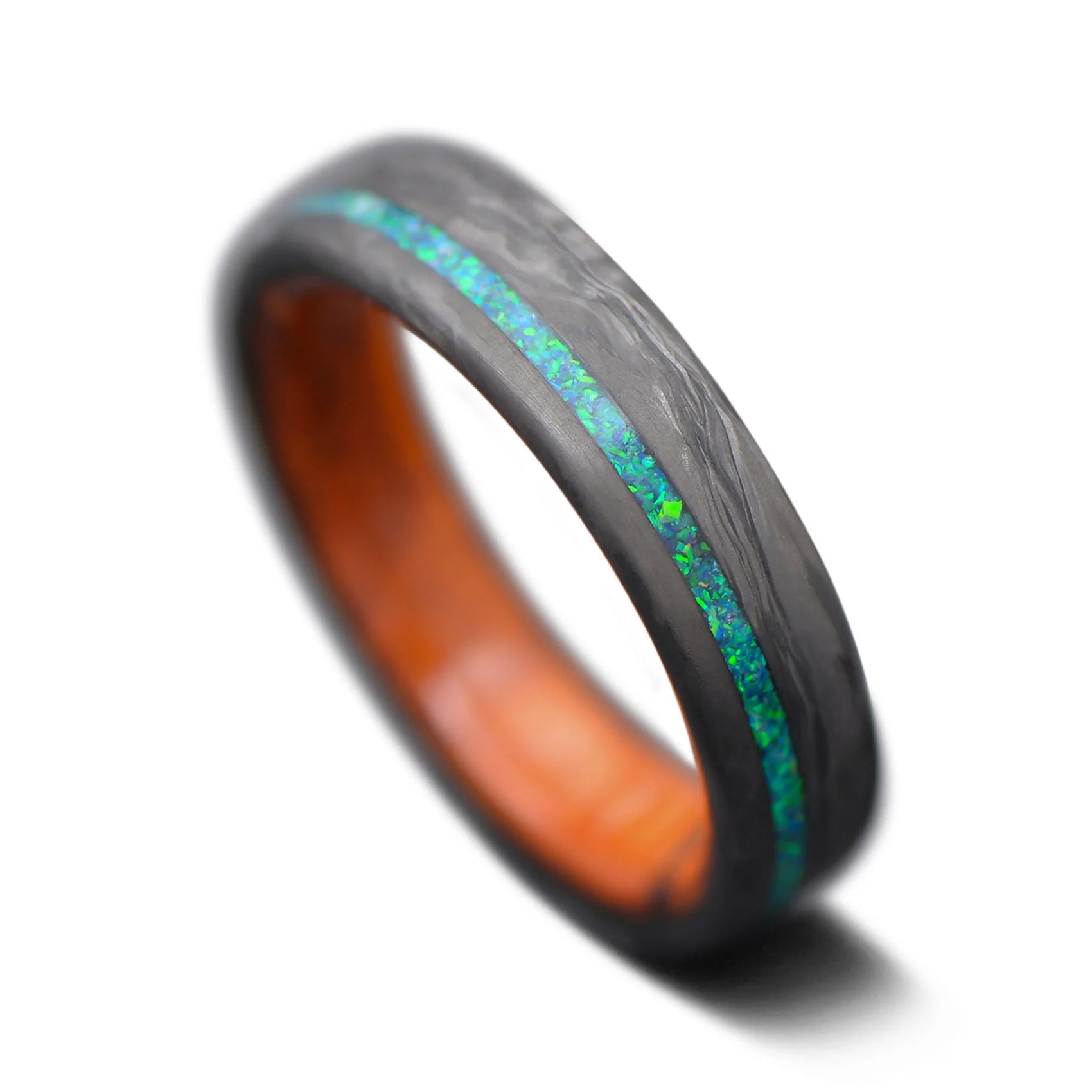 Forged Carbon fiber  ring with emerald opal inlay and Desert Ironwood inner sleeve, 5mm -THE HORIZON