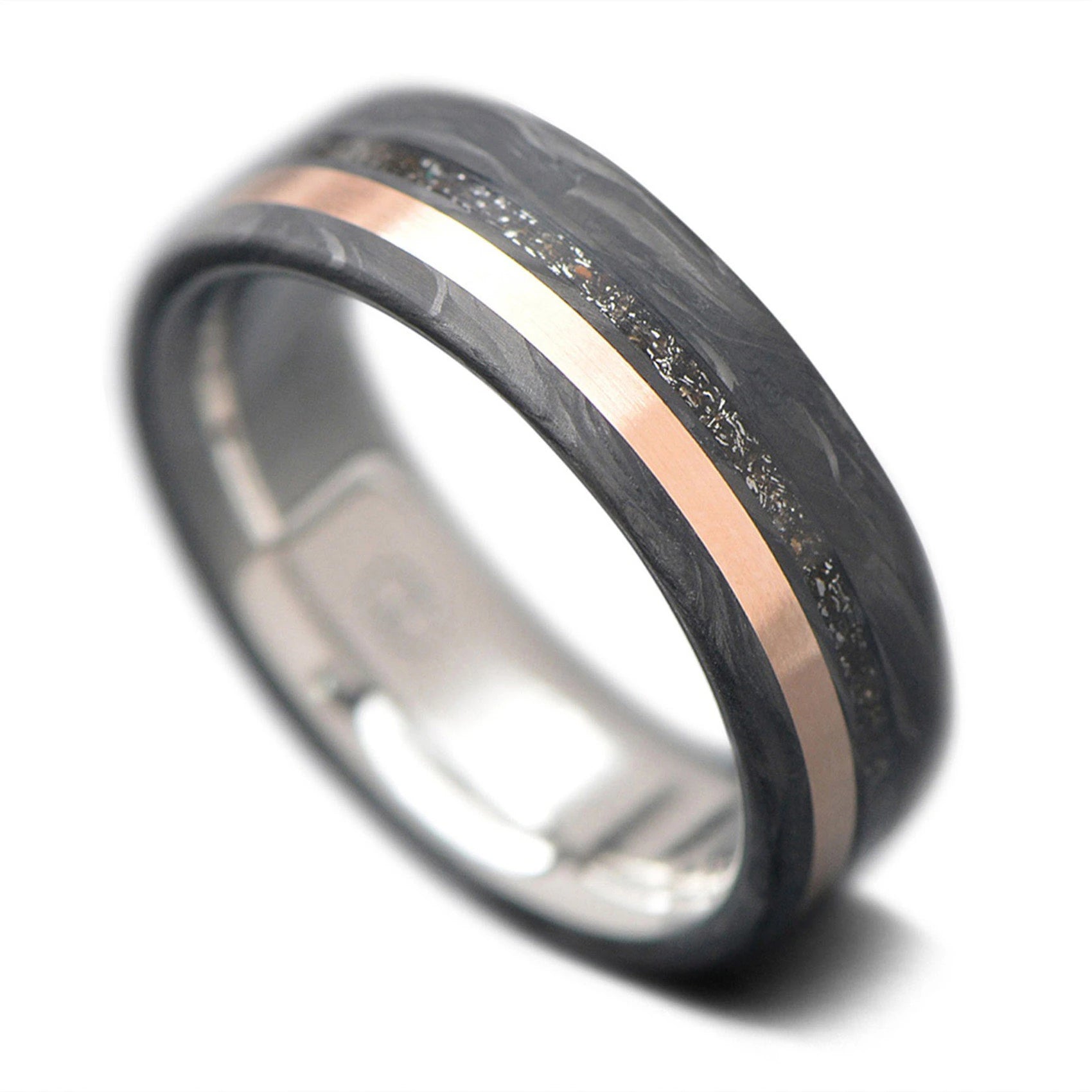 CarbonForged Core Ring with Meteorite, Rose Gold inlay and Titanium inner sleeve, 7mm -THE ODYSSEY