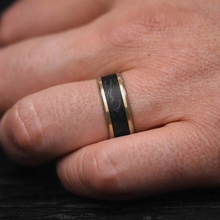 10KY Gold Wedding Band with Central Forged Inlay and Bloodwood Inner Sleeve, 7mm Mens Ring, Brushed Beveled Profile, on White Sea Branch, Free Engraving Available