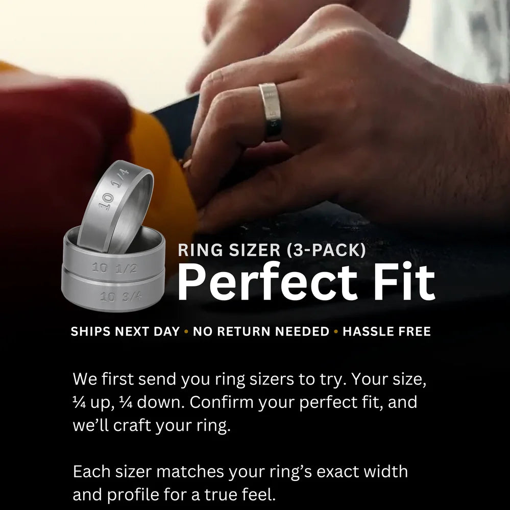 Sesto Synergy Ring Sizer 3-Pack showing precision sizing rings beside a hand wearing a wedding band, designed to confirm your exact fit before crafting.