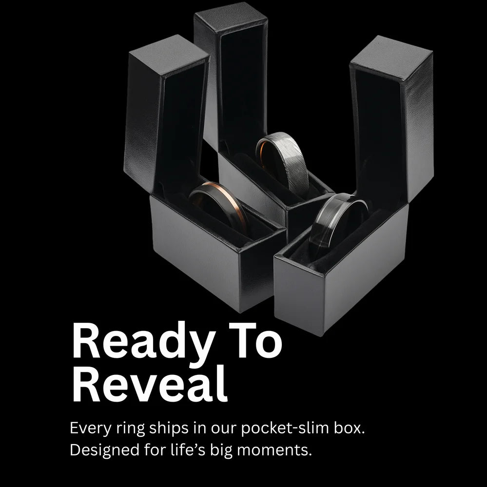 Three custom wedding rings displayed in Sesto Synergy’s sleek pocket-slim boxes, designed for elegant presentation and secure travel.