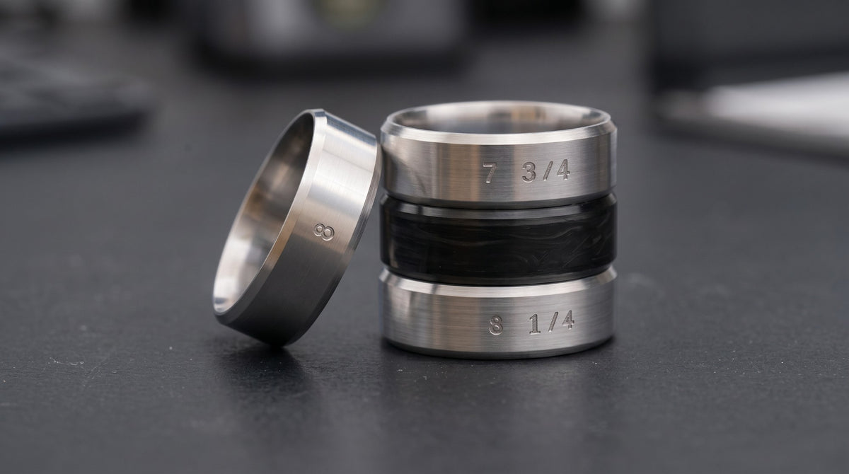 Three Sesto Synergy titanium ring sizers on a dark matte surface