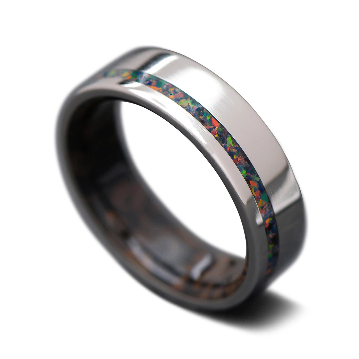Men Titanium Wedding Band with Dinosaur Bone Sleeve and Opal Inlay