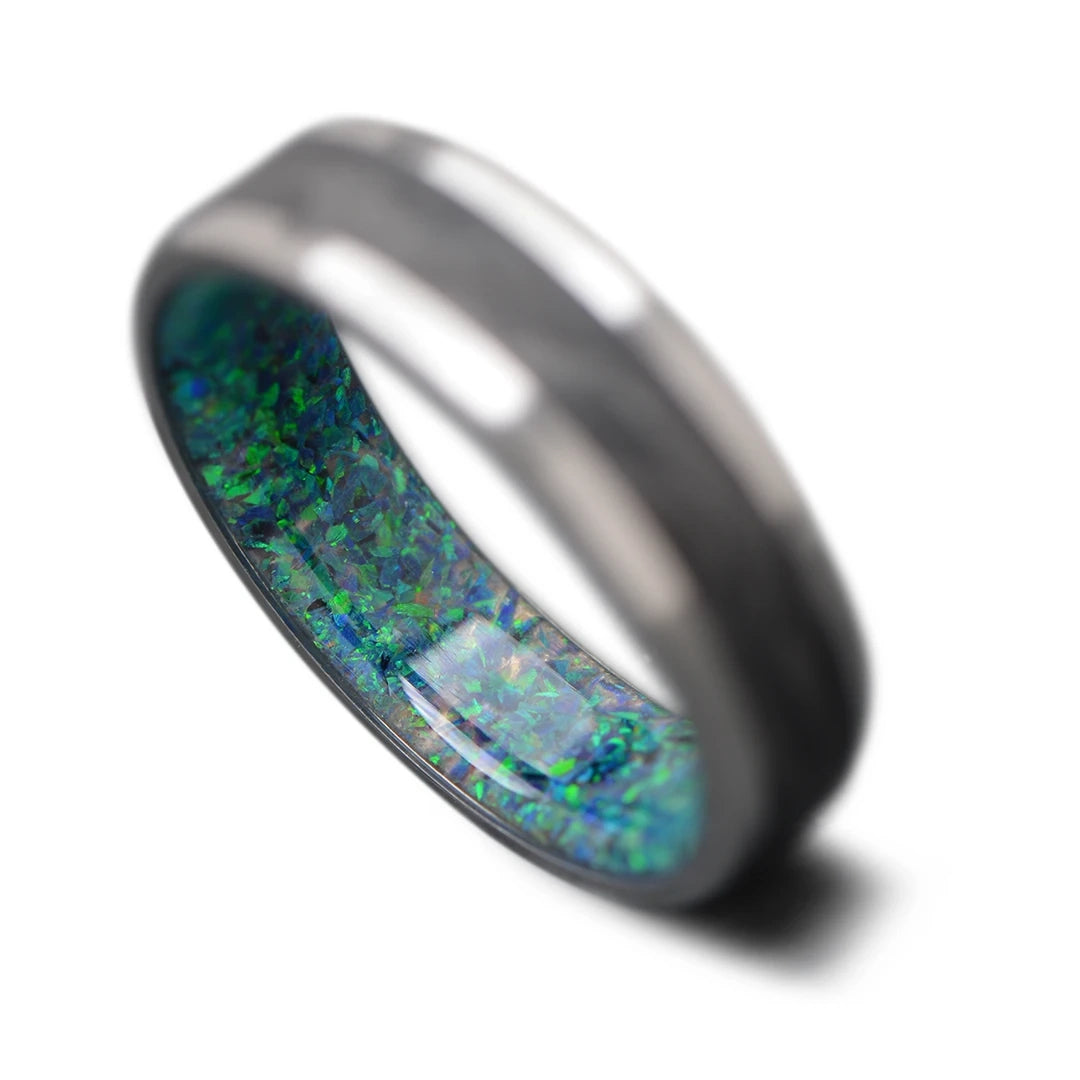 Back of Titanium core ring with CarbonForged inlay and Black Emerald Opal inner sleeve, 6mm -THE CORE