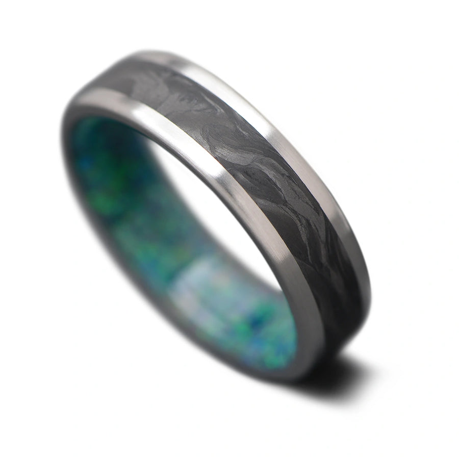 Custom Men's Wedding Band Titanium w/ Carbon Fiber Opal