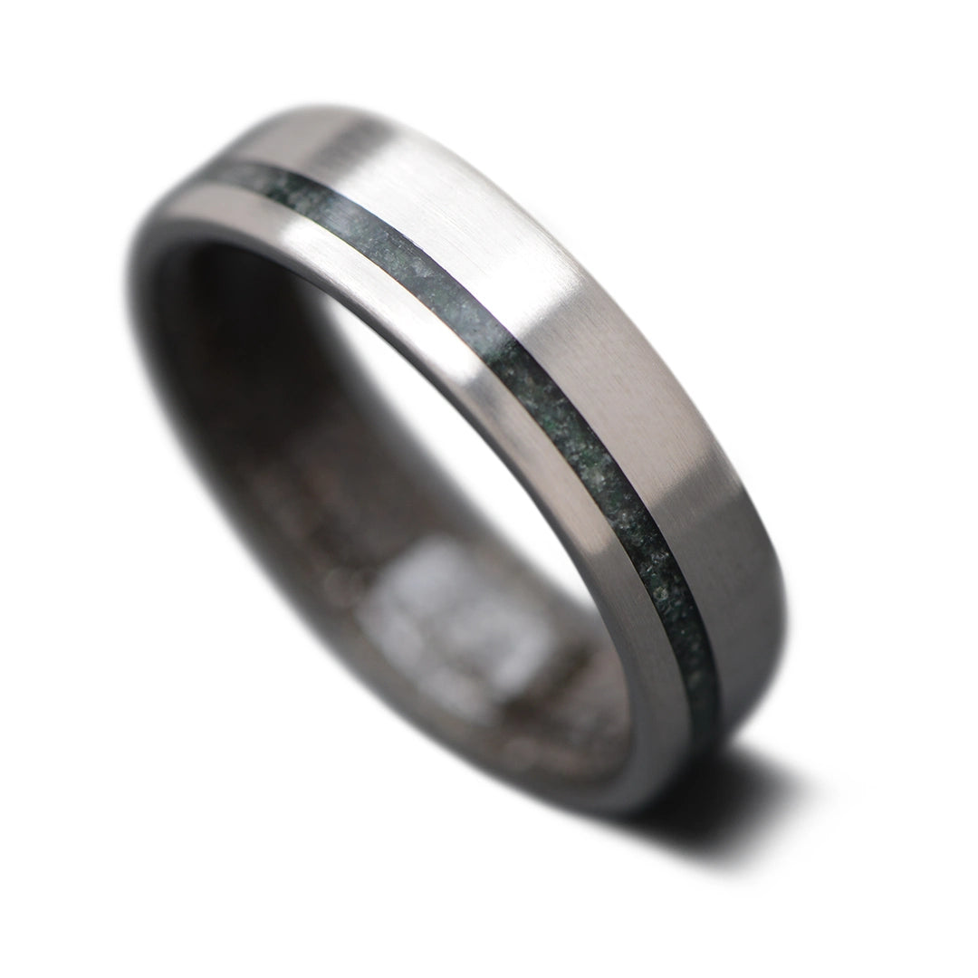 Titanium Core ring with  Moss Agate inlay and Meteorite inner sleeve, 6mm -THE SHIFT