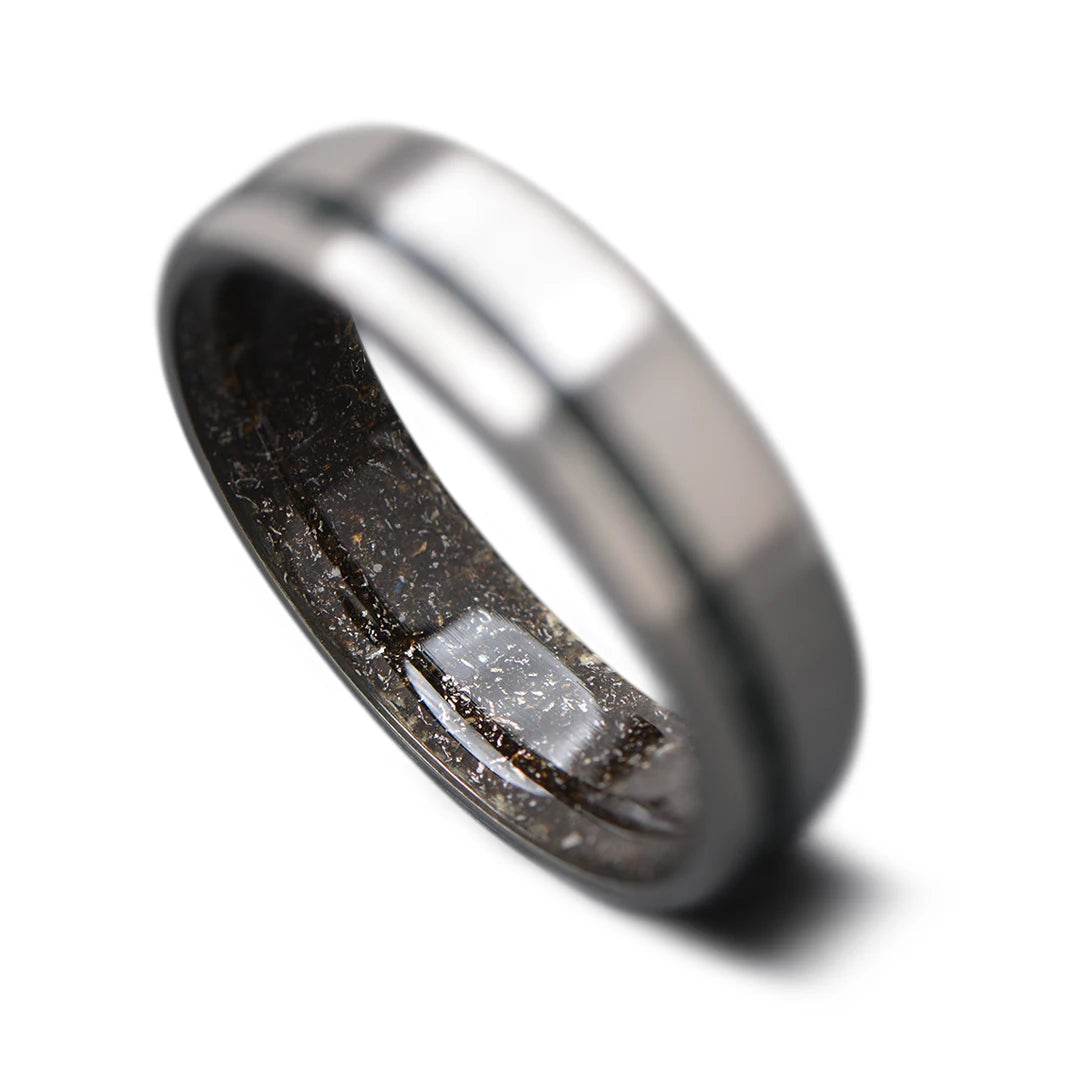 Back of Titanium Core ring with  Moss Agate inlay and Meteorite inner sleeve, 6mm -THE SHIFT