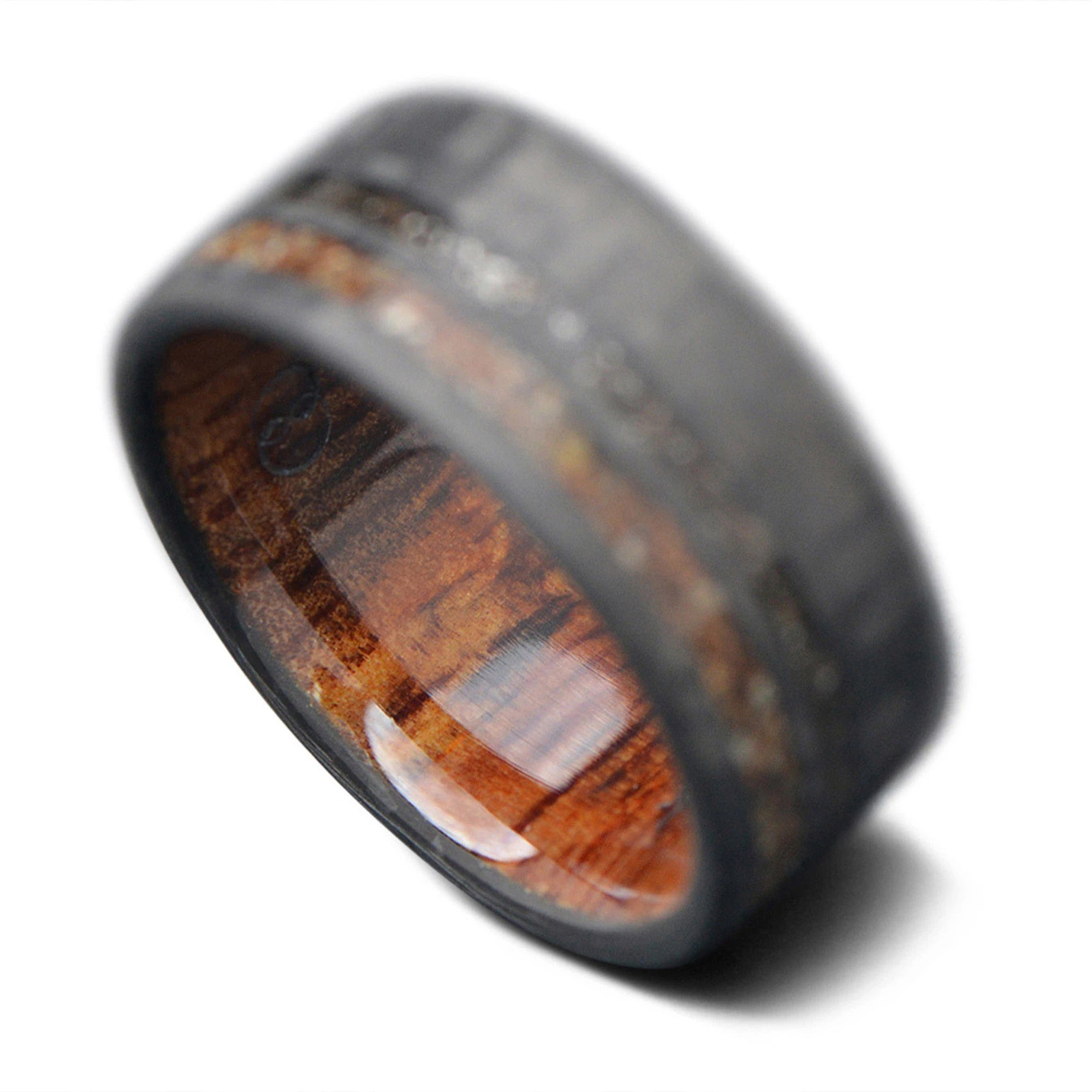 Back of CarbonTwill Core Ring with  Crushed T-Rex, Meteorite inlay and Mango inner sleeve, 10mm -THE SEEKER