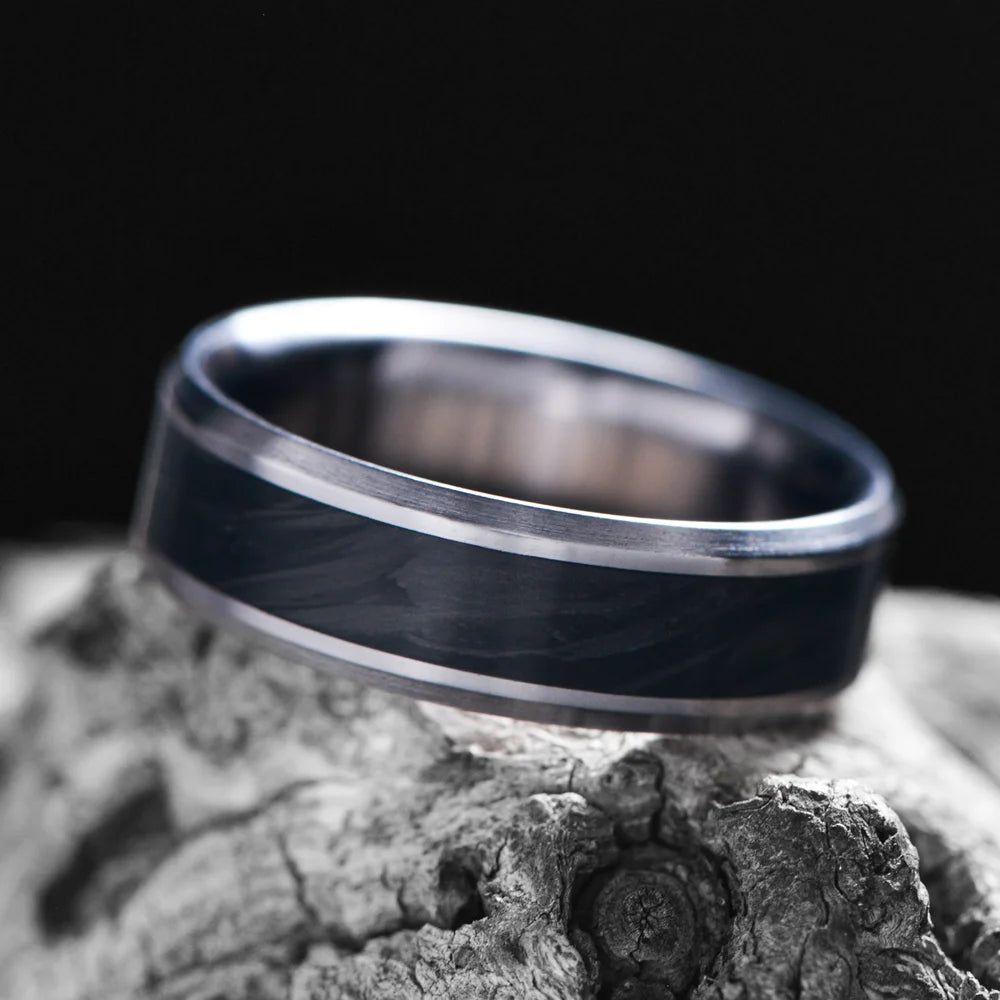 Unique Men's Wedding Ring with Forged Carbon Inlay | 7mm Bevel Unique Men's Wedding Ring with Forged Carbon Inlay | 7mm Bevel