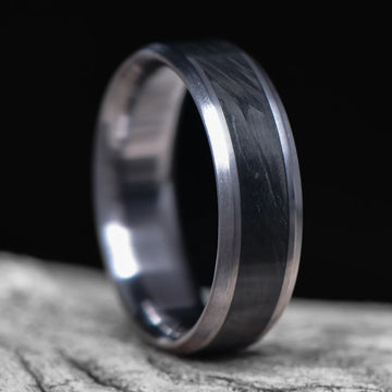 Unique Men's Wedding Ring with Forged Carbon Inlay | 7mm Bevel