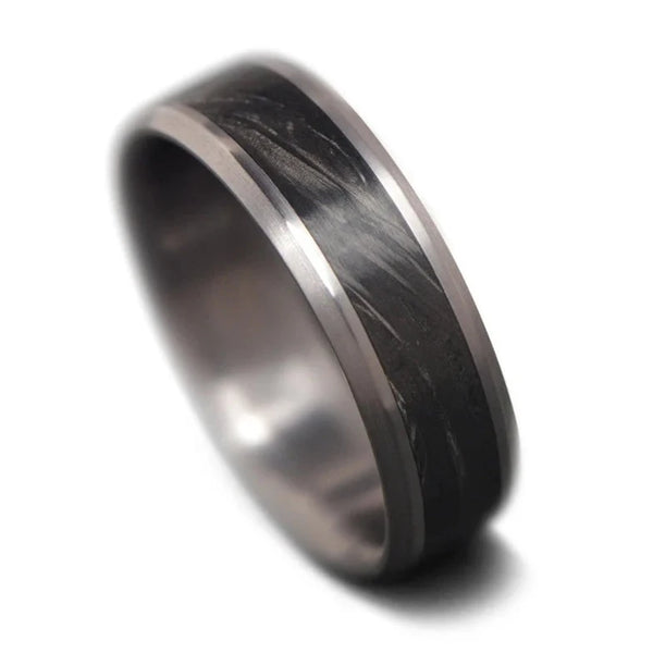 Unique Men's Wedding Ring with Forged Carbon Inlay | 7mm Bevel
