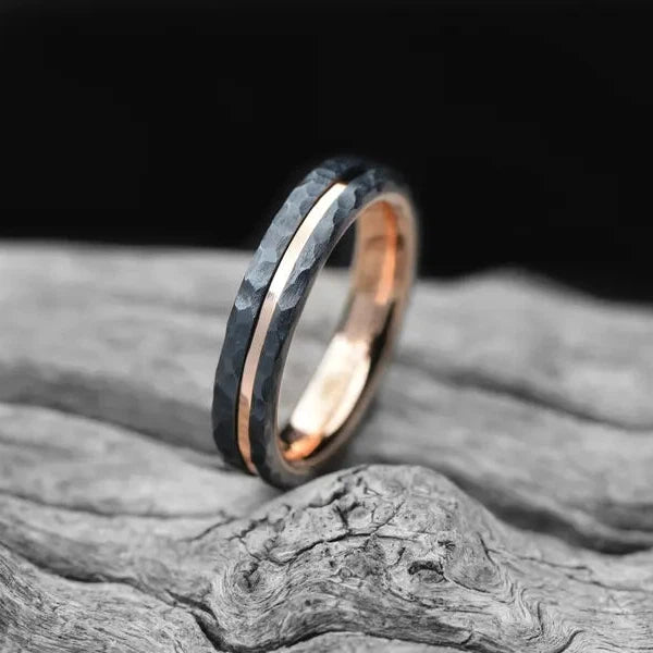 Black Wedding Band with 18K Rose Gold | 4mm Wide | Facetted