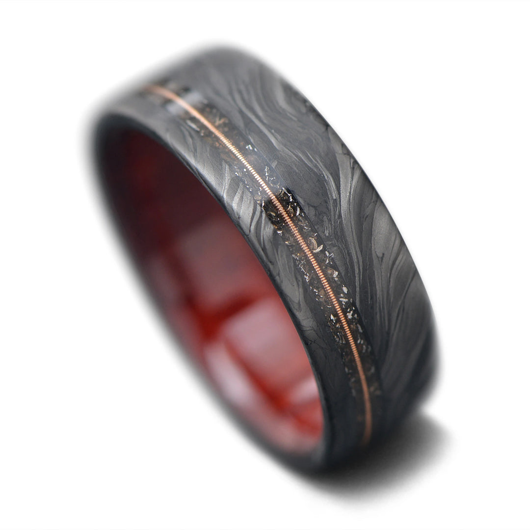 Forged Carbon Ring Meteorite and Guitar String Inlay Mens Wedding