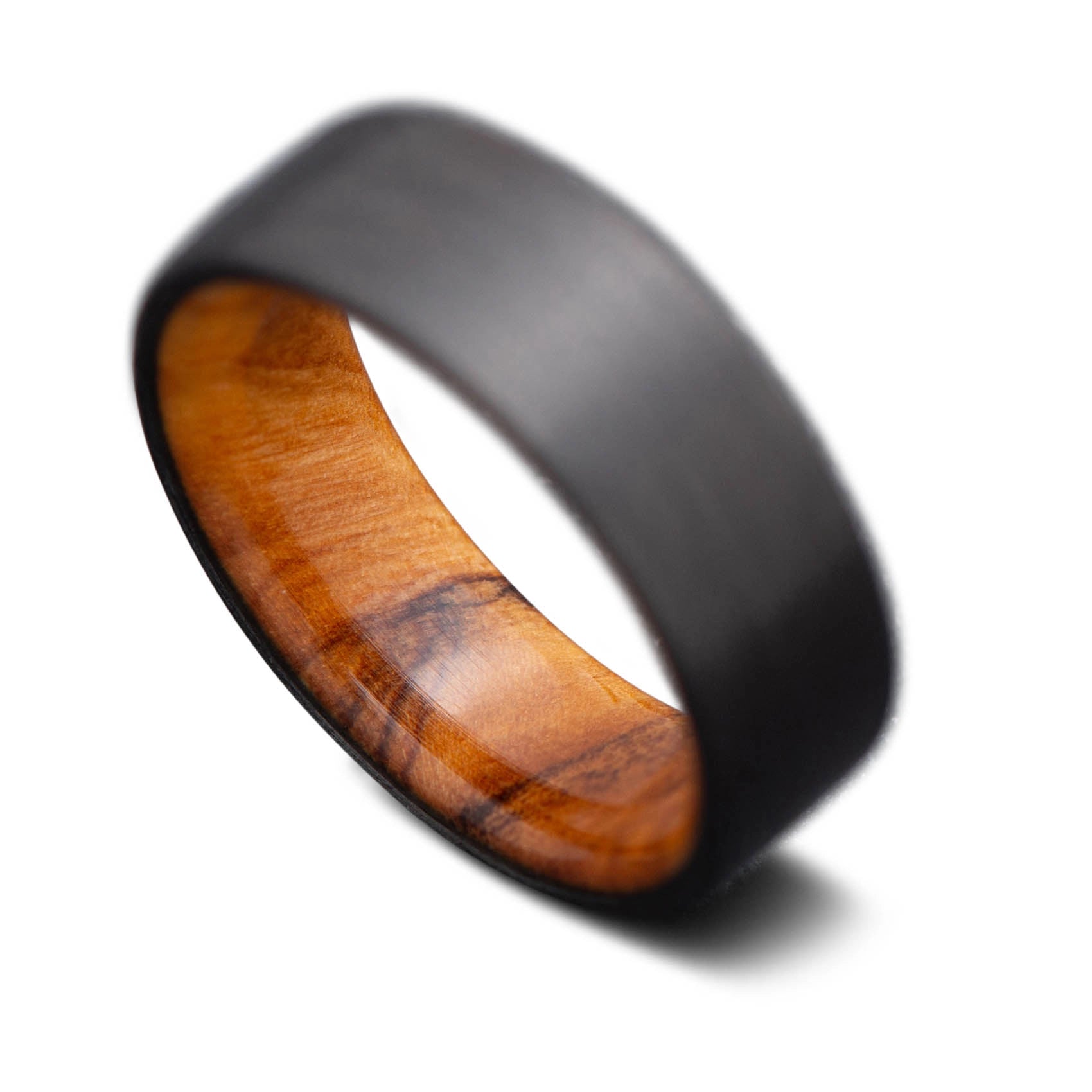 Wood ring with olivewood and carbon fiber, black and wood ring look