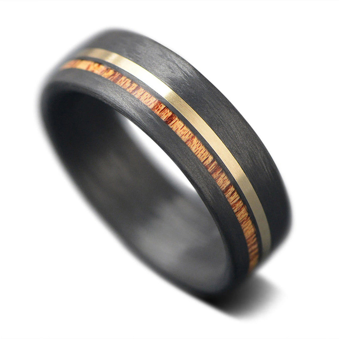 Carbon Fiber Ring with Gold and Wood Inlays | Custom Men's Wedding