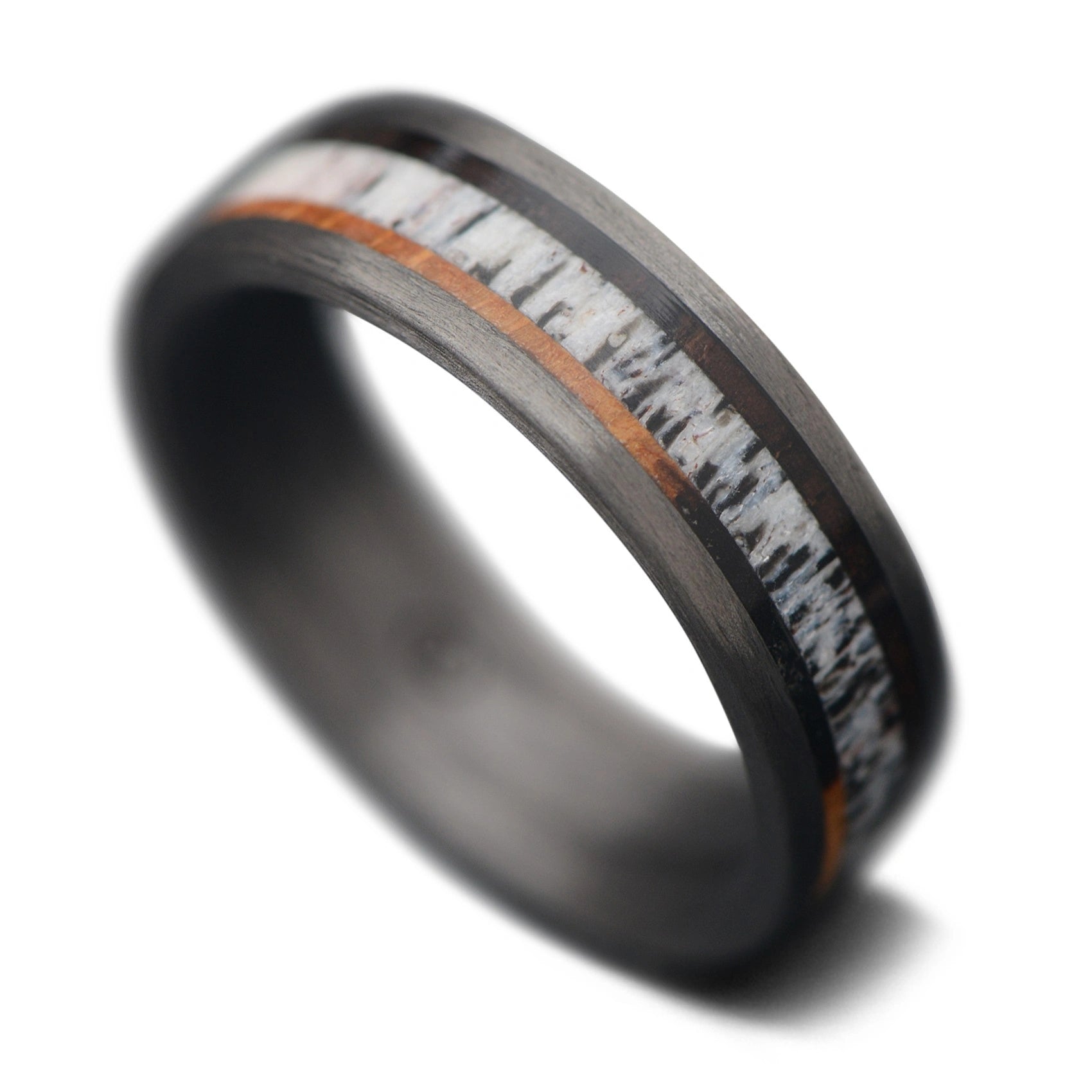 CarbonUni Core Ring with  African Blackwood, Deer Antler, Whiskey Barrel Oak inlay, 7mm -THE MATRIX