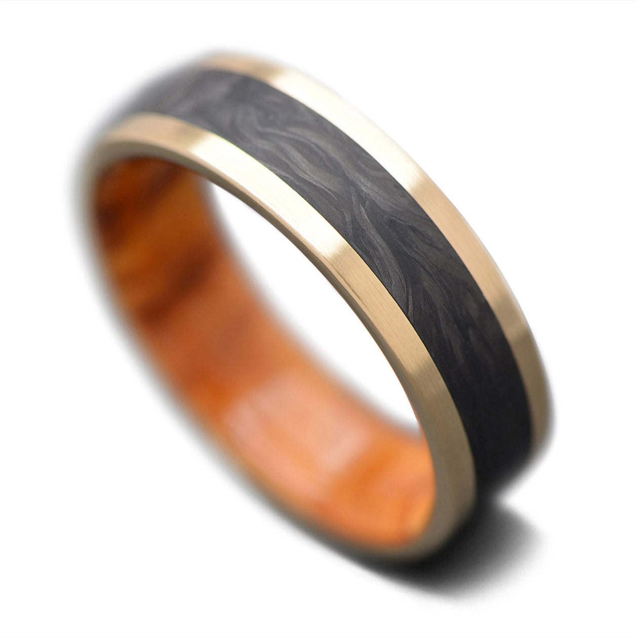 Forged Carbon Ring with Yellow Gold and Wood Sleeve Men's Wedding Band
