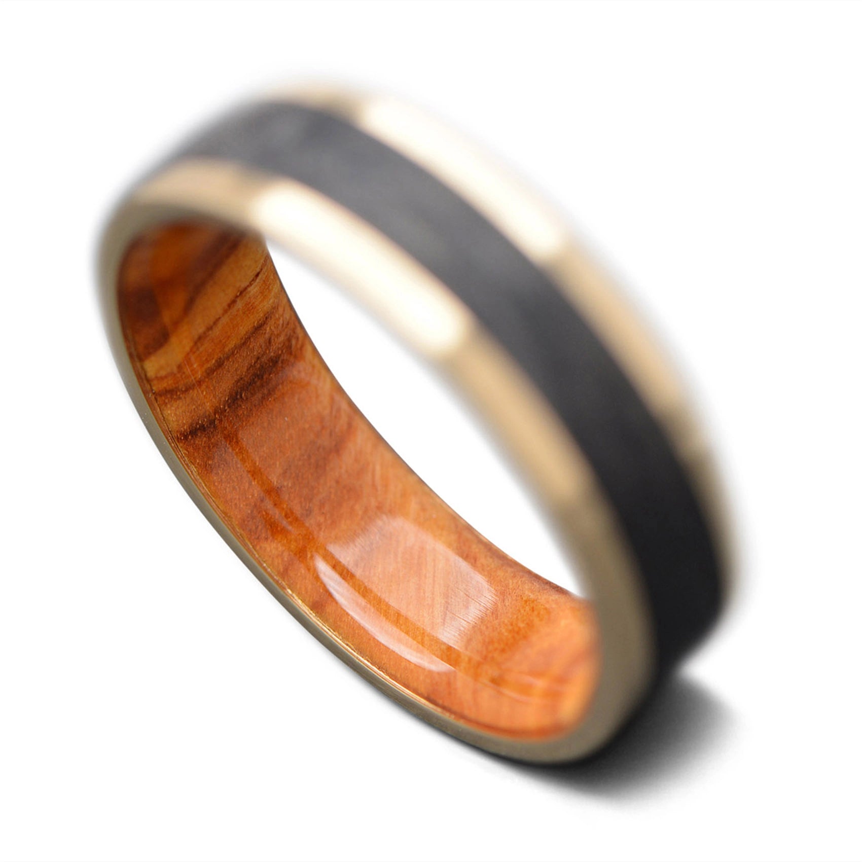 Back of Yellow Gold Core Ring with CarbonForged inlay and  Olivewood inner sleeve, 7mm -THE UNITY