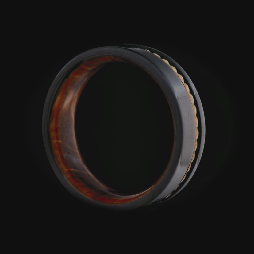 Black titanium wedding band with 10KY rope and whiskey barrel oak inlay, 7mm mens ring, unique design, free engraving available.