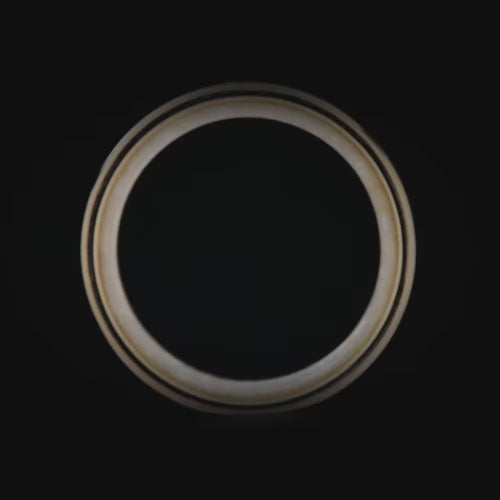 14K yellow gold wedding band featuring pearl and meteorite inlays, brushed flat profile, 5mm width, customizable with free engraving, unique and simple design for weddings.