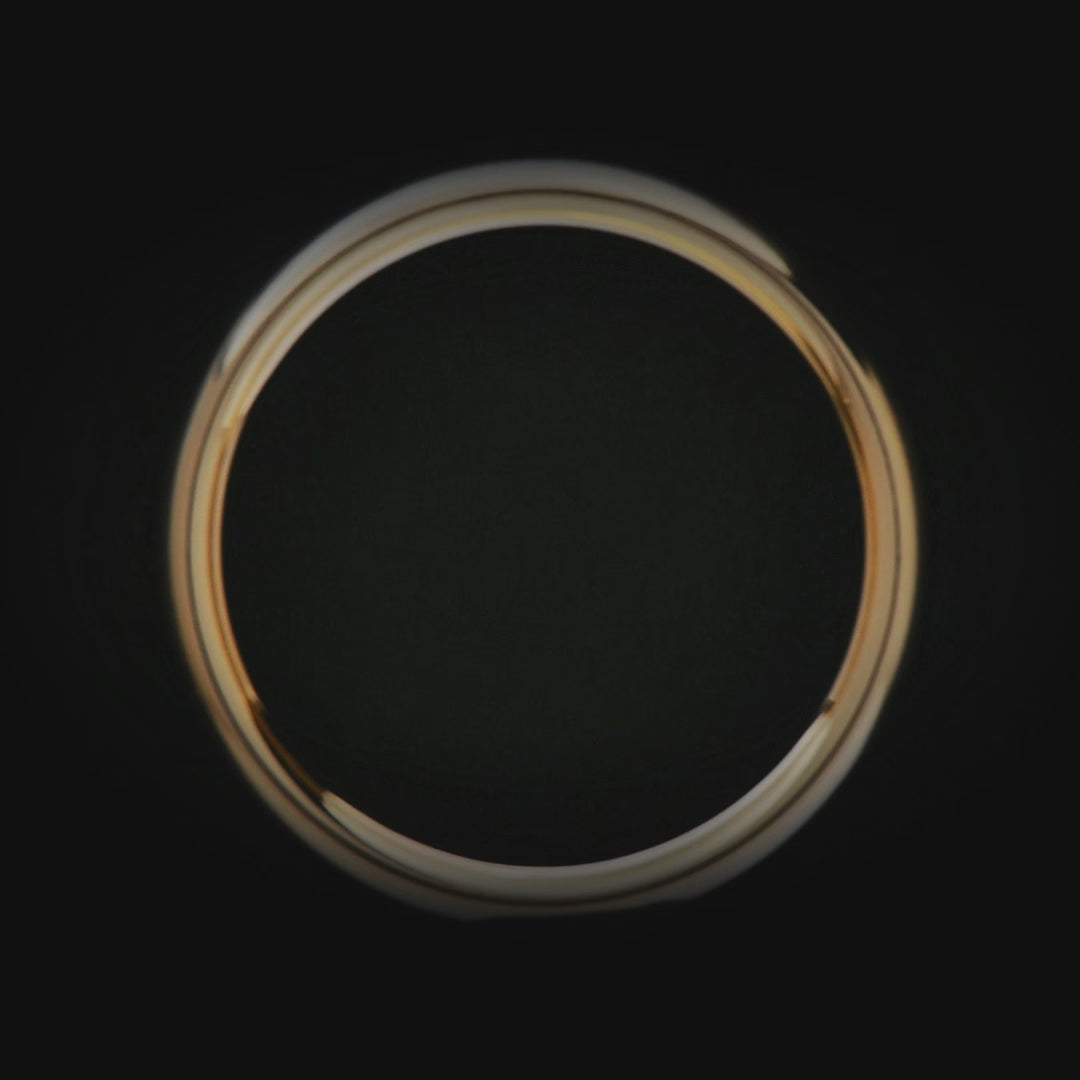 14K yellow gold mens wedding band featuring a central black onyx inlay, 6mm width, brushed domed profile, unique design, free engraving available.