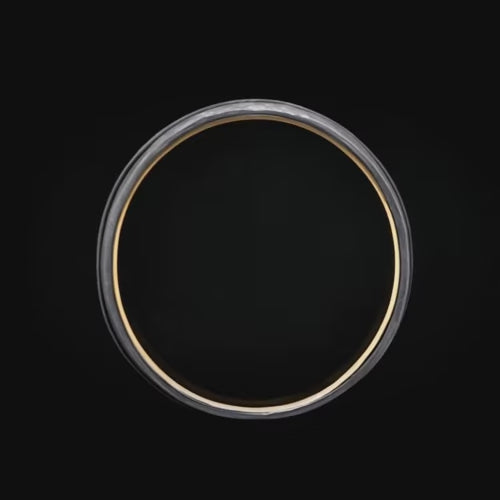 Faceted tantalum wedding band with 14K yellow gold inlay and inner sleeve, 8mm mens ring, unique design, free engraving available.