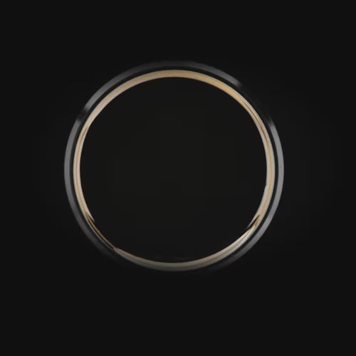 Black titanium wedding band with 14K yellow gold inlay, brushed bevel profile, 8mm mens ring, custom engraving available, elegant and modern design.