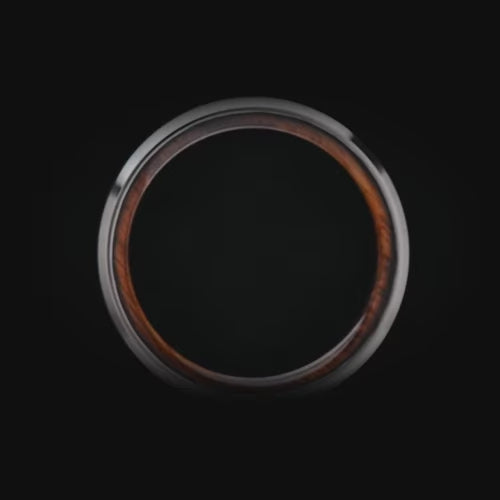 Titanium wedding band with lapis lazuli inlay and whiskey barrel oak sleeve, featuring free engraving, 4mm custom simple ring with brushed bevel profile.
