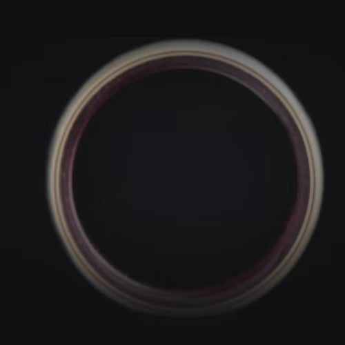 Mens 10KY gold wedding band featuring a central meteorite inlay and bloodwood inner sleeve, 7mm width, unique design with free engraving option.