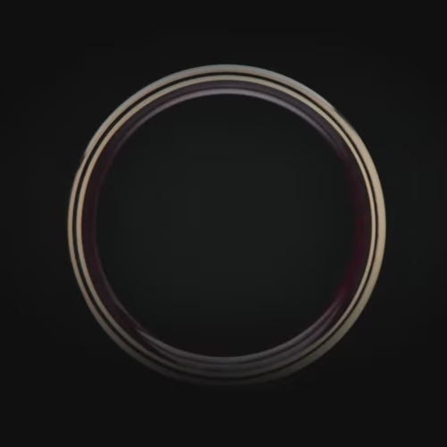 14K yellow gold mens wedding band featuring pearl and meteorite inlays, bloodwood inner sleeve, 7mm width, unique design, free engraving option.