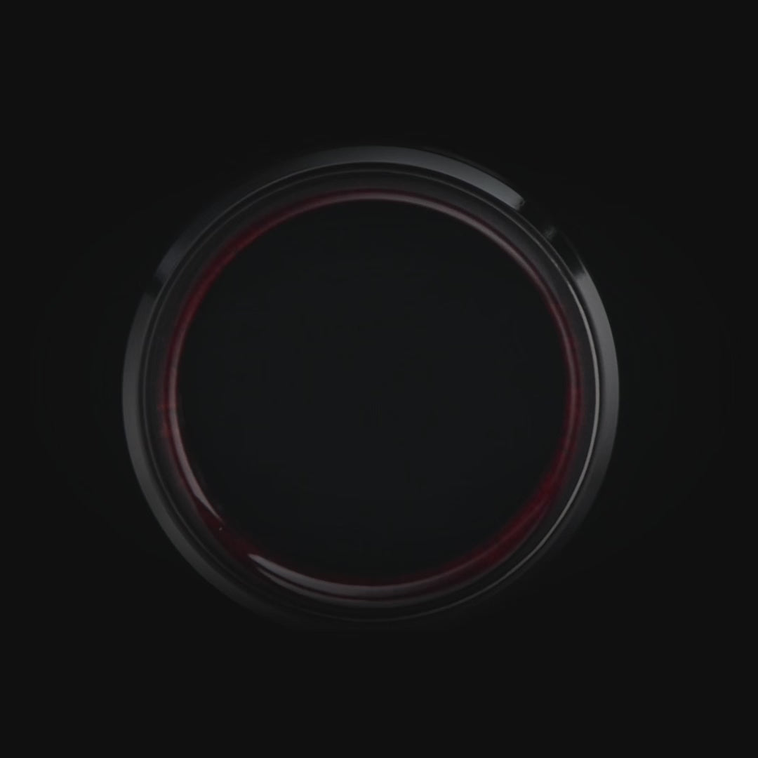 Black titanium ring featuring a central meteorite inlay and bloodwood inner sleeve, 8mm mens wedding band with free engraving, unique design on white background.