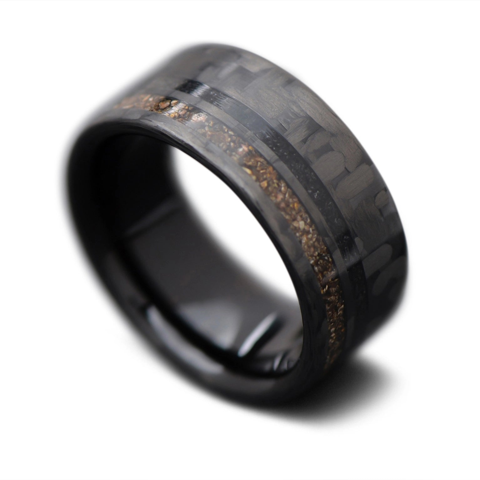  CarbonTwill Core Ring with Black Onyx, Crushed T-Rex inlay and  African Blackwood inner sleeve, 10mm -THE SEEKER