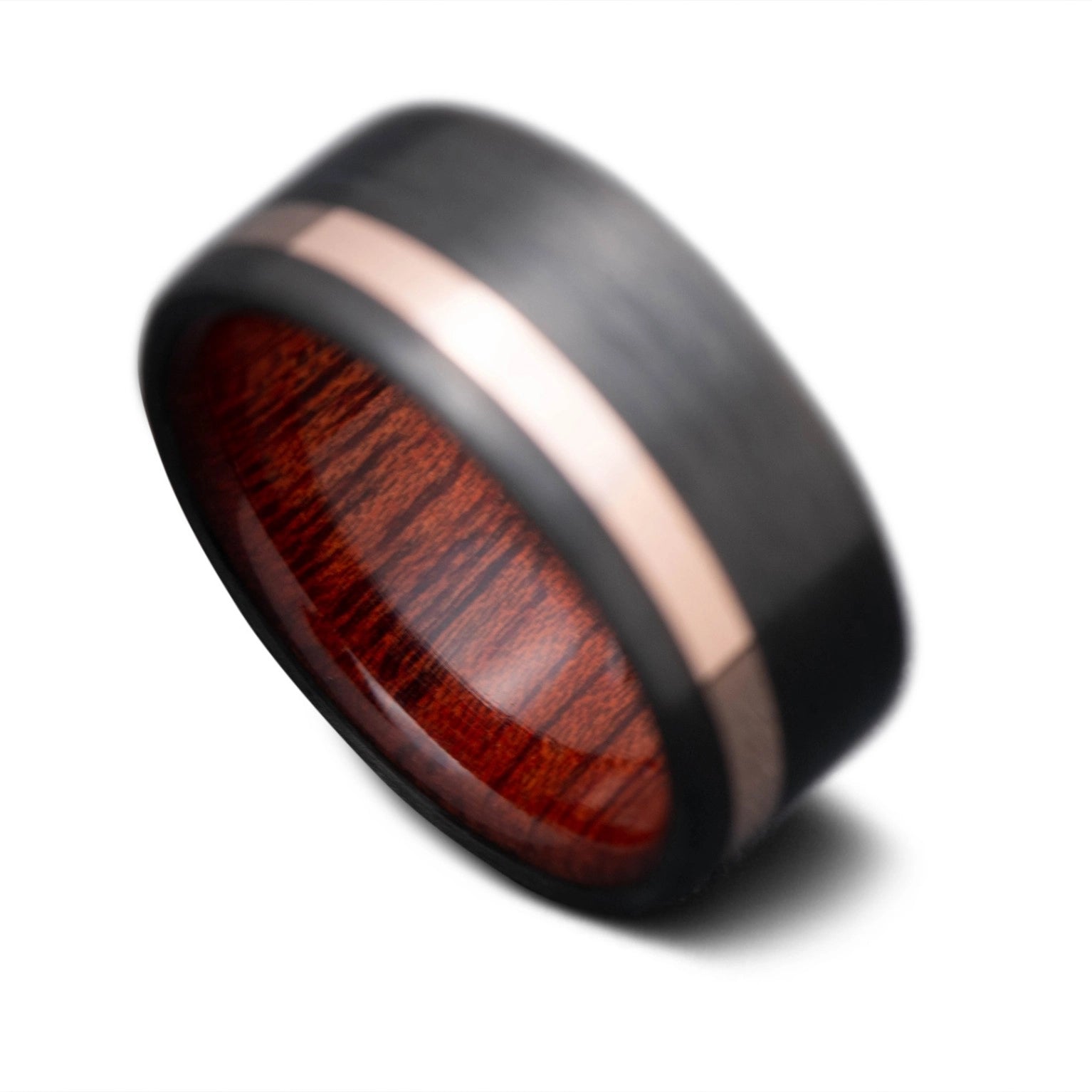 Back of CarbonUni Core Ring with Rose Gold inlay and Bloodwood inner sleeve, 9mm -THE VERTEX