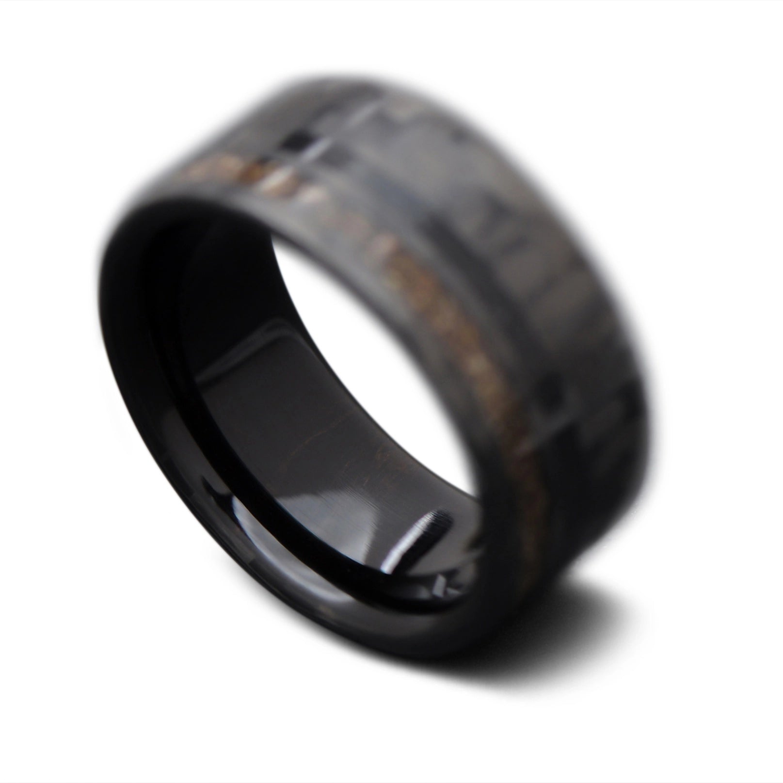  Back of CarbonTwill Core Ring with Black Onyx, Crushed T-Rex inlay and  African Blackwood inner sleeve, 10mm -THE SEEKER