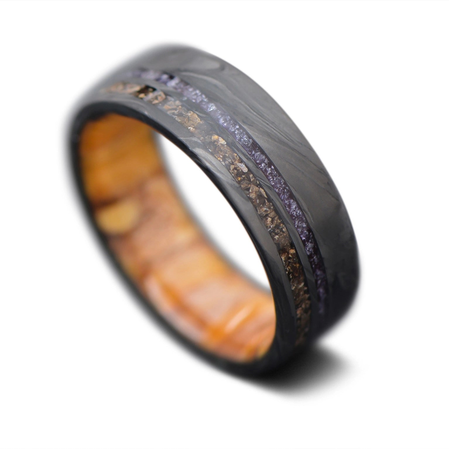 CarbonForged Core Ring with Amethyst, Crushed T-Rex inlay and Silver Spalted Birch inner sleeve, 8mm -THE ODYSSEY