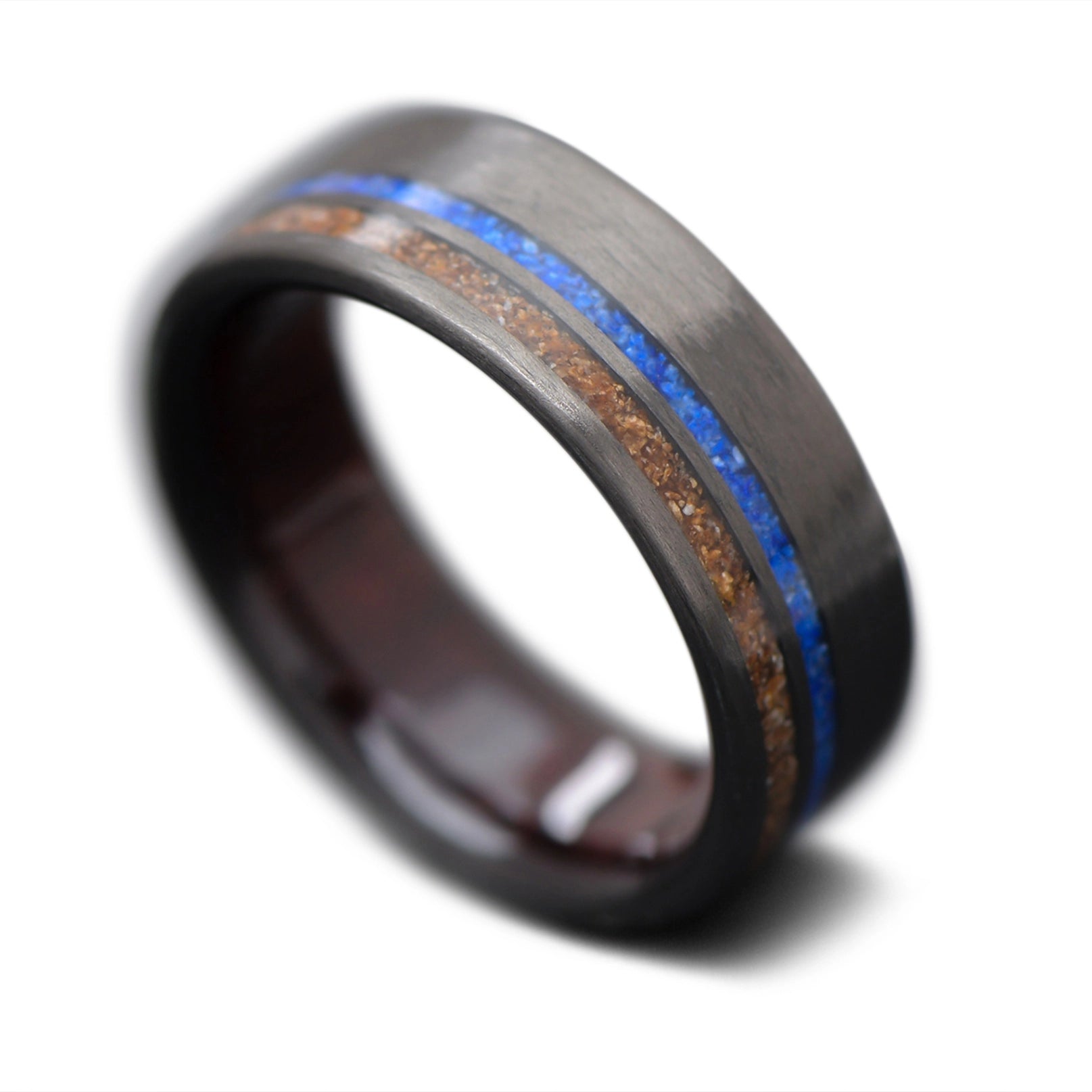 CarbonUni Core Ring with Crushed Triceratops, Lapis Lazuli inlay and Koa wood inner sleeve, 8mm - THE INNOVATOR