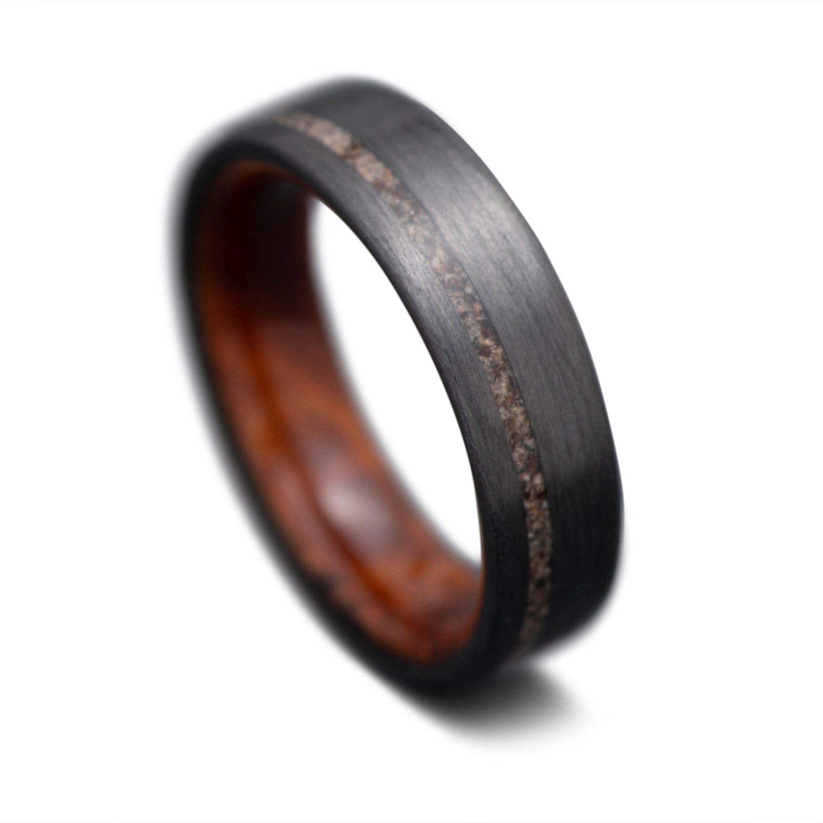 CarbonUni Core Wedding Ring with Crushed T-Rex inlay and Thuya inner sleeve, 5mm -THE VERTEX