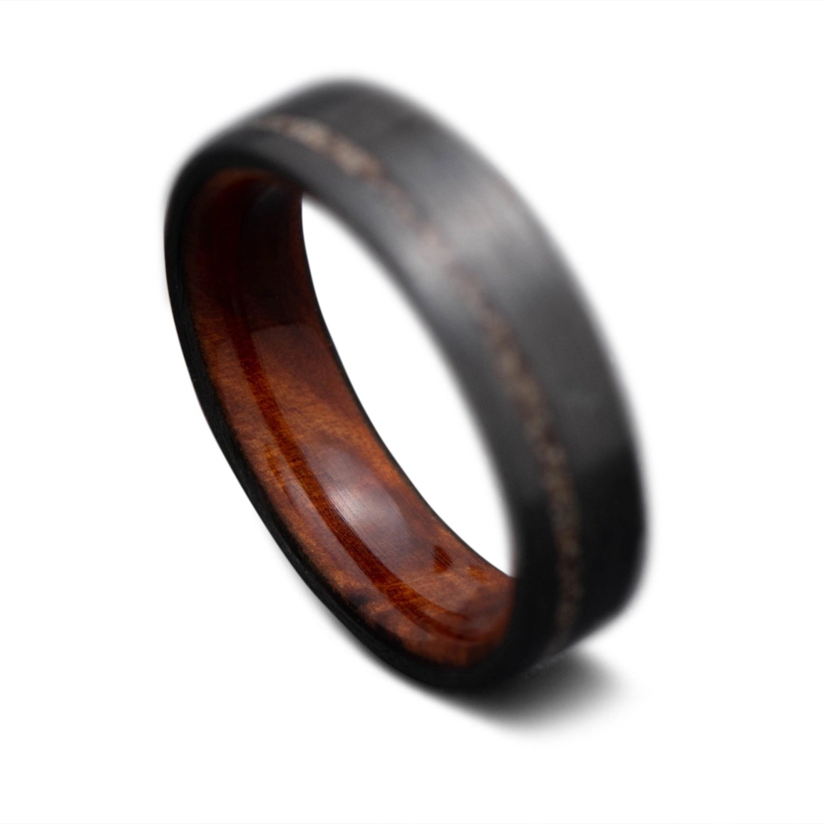 Back of  CarbonUni Core Wedding Ring with Crushed T-Rex inlay and Thuya inner sleeve, 5mm -THE VERTEX